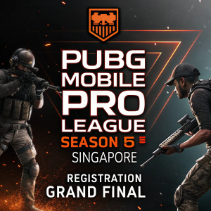 Promotional image for PUBG Mobile Pro League Season 5, Singapore event. Dark futuristic theme with military attire. Registration details and grand final dates prominently displayed. Website for registration included. Orange and white accents on dark background.