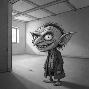 A goblin-like creature with a twisted face, big brows and sharp nose, stands alone in a plain, empty room.