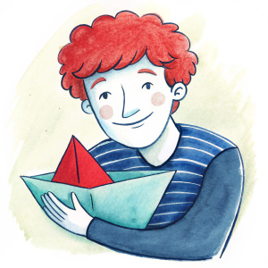 a young snub-nosed smiling man with red curly hair hugs a paper ship 