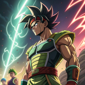 Bardock, a warrior from Planet Vegeta, clad in his iconic battle armor. Depicted in multiple dynamic poses against a bright, neon-lit background.