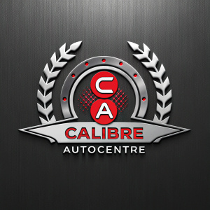 Calibre Autocentre's logo design, featuring sleek racing-inspired elements. Dark metallic background with red and silver accents, central emblem with stylized 'C' and 'A', banner below with 'Autocentre' text.