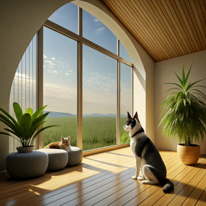 A Cat and a large husky Dog are watching the view from the window in a large, spacious room of a 3D house.