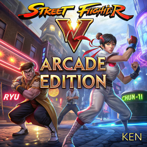 Promotional art for Street Fighter V Arcade Edition. Vibrant illustration showcasing key characters and creators. V-shaped logo prominent.