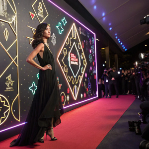 Kelsey Asbille at a glamorous event, wearing a flowing black dress and high heels. She stands confidently against a vibrant, neon-lit backdrop, filled with intricate geometric shapes and sparkling logos. The setting is lively with music and cameras flashing.