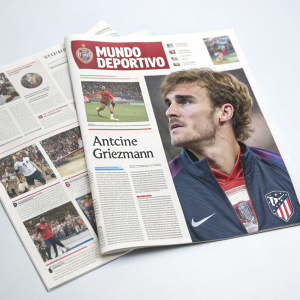 Spanish sports newspaper, Mundo Deportivo, front page featuring Antoine Griezmann. Packed with images and text related to sports events and news.