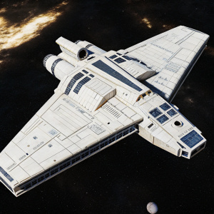 The Stargate Phoenix Hyperspace ship, a massive, futuristic vessel with sleek design. Multiple angles showcasing its grey and blue color scheme, various sections, and components. Imagery of a sci-fi space station and distant planets in the background.