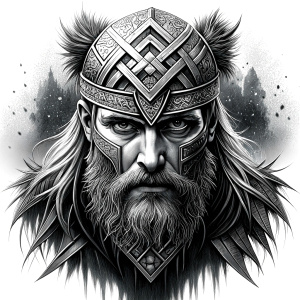 walhalla, viking warrior,  runics face, black work, white backrounds