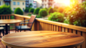 Wooden table in cafe, outdoors terrace, balcony. Table top with copy space for product advertising