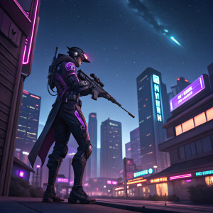 Illustration of Widowmaker from Overwatch, standing on a neon-lit cityscape at night.