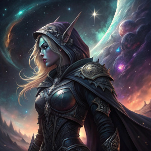 Digital artwork of Sylvanas Windrunner from World of Warcraft. Wearing intricate black armor, standing amidst a swirling, cosmic nebula background.
