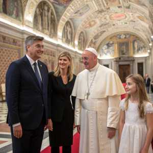 Pope Francis greets Croatian Prime Minister Andrej Plenkovic and his family in the Sistine Chapel. Everyone is dressed formally.