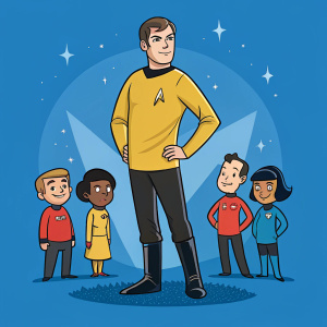 Cartoon Captain Kirk from Star Trek. Bold blue background, featuring various Star Trek characters. Animated series promotional poster.