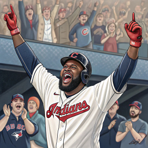 Franmil Reyes, baseball player, celebrating with arms raised in victory. Wearing a white jersey with team logo. Crowd cheering in the background.