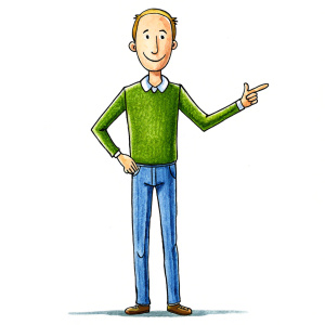 40 years old man, as a drawing for a cartoon, on a white background, whole body he points with his hands