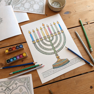 Illustration of a detailed Hanukkah menorah coloring page. Pencils and papers cluttered on rustic wooden table