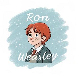 Illustration of Ron Weasley, from the Harry Potter universe. Cartoon style, neutral expression. Simple, minimalist design on a light blue gradient background with elegant, legible text overlay.