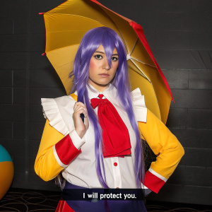 Yuno Gasai, with long violet hair and intense purple eyes. Posing against a dark, mysterious backdrop. Text at the bottom reads: 'I will protect you.'