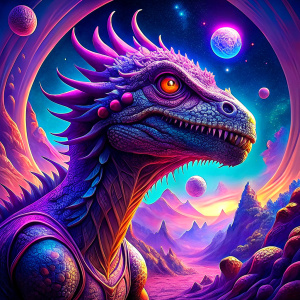 A purple baryonyx dinosaur in space, on a blue planet woth a magenta background. Give the dinosaur some cool, purple effects 