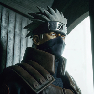 3D render of Kakashi Hatake, a character from the anime series Naruto. He's depicted with a fierce expression and an angular, stylized design. Wearing a traditional ninja outfit with a black headband, the headband bears a unique, swirling emblem. Dark gray headband. Rendered against a white backdrop.