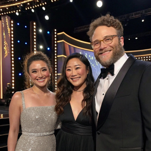 Sherry Cola, Ashley Park, and Seth Rogen on the award show stage, smiling for the camera.