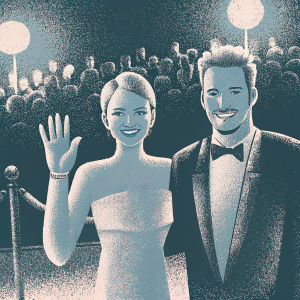 Chris Pratt and Anna Faris, both with hairstyles, at a film premiere. Red carpet with media logos in background.