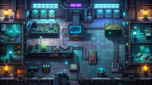 map for tabletop roleplay cyberpunk with robot laboratory interior, dark atmosfere, neon lights, view from above as map, for d&d, pixel map