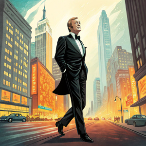 Michael Caine, in a formal black suit, center stage. Dynamic pose against a bright, vibrant cityscape background.