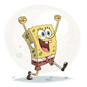 SpongeBob SquarePants, iconic cartoon character, doing a victorious pose in a blank white void.