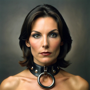 40 yo attractive brunette slave wearing thick broad leather collar with ring attached to the front