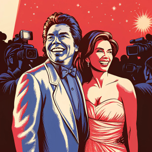 George Lopez and Eva Longoria, smiling brightly, at a glitzy Hollywood gala. The venue is packed with celebrities and paparazzi.