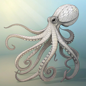 A detailed wireframe rendering of an octopus. Digital art