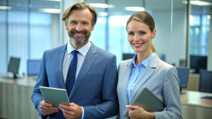 smiling two professional business people standing in office with with digital tablets