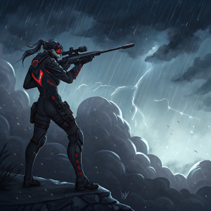 Digital artwork featuring Widowmaker from Overwatch. Dark stormy night background