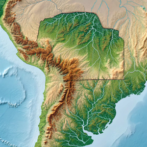 Interactive 3D map showcasing Paraguay's diverse landscape. Mountains, valleys, and rivers rendered in earthy tones with slight color variations to denote elevation.