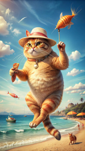 Um impressionante  um gatinho gordinho ANAMORFICO  alegre, exalando luxo. ele está pulando  na água do no mar e o  gato segura UM espetinho de camarão  em uma das mãos, usando óculos escuros e um chapéu de praia,  fica próximo a uma praia pitoresca. Ao fundo, as pessoas passeiam pela costa, com um céu ligeiramente nublado, mas ensolarado. 
