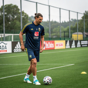 Zlatan Ibrahimovic, wearing jersey with sponsor logos, during practice session. Synthetic turf, with advertisements around the perimeter