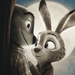 A simple sketch featuring Nick and Judy from Zootopia. Soft blue backdrop, tender moment between characters.
