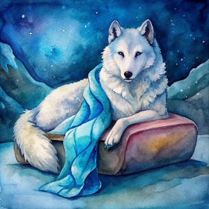 arctic wolf, in sleeping bag, sitting on sofa
