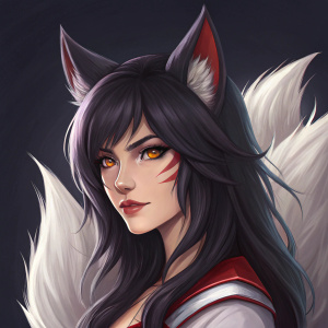 Ahri, the playful and enigmatic character from League of Legends, with a fierce look in her eyes, stands against a stark, dark background, highlighting her fox-like ears and silky dark hair.