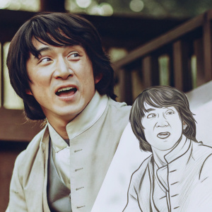 Digital illustration of Jackie Chan's face in a sketch-like style. Close-up photo of Jackie Chan's face below. Primarily in shades of gray with color accents highlighting his eyes and mouth.