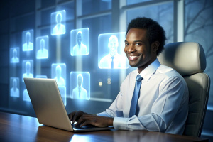 smiling black business man sitting in from of a desk looking at a laptop, in a an office, wearing shirt, glowing laptop  screen projecting business icons,  wide camera angle, side view
