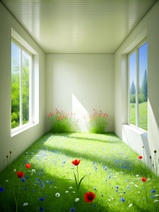 a bright empty room in which flowers, poppies, forget-me-nots and grass grow