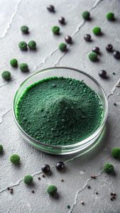 Transparent round Petri dish with green spirulina powder when viewed from above on a background of #EFF0EF color. The top view shows a delicate balance between these drops and their transparent appearance on a clear background, high resolution, high detail, high quality, un poco de piedra de guijarros al rededor.









