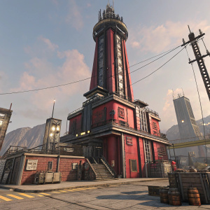 In the vibrant world of Borderlands 3, a towering, metallic structure dominates the landscape. Shimmering in a deep crimson, with sleek, metallic accents, this imposing edifice boasts an industrial design, marked by sharp angles and intricate mechanical details. This 3D rendering showcases a blend of futuristic aesthetics and robust engineering.