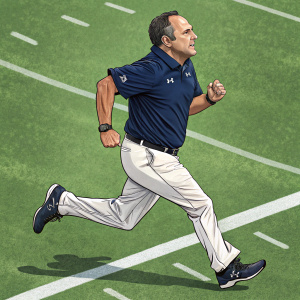 Andres Lillini, the head coach of Pumas UNAM, sprinting across the football field. Navy blue polo shirt, white athletic pants, and black shoes. Green field with white lines