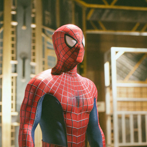 High-definition image of Spider-Man. Robust physique, intricate web design on suit. Dark, futuristic backdrop with abstract tech elements.