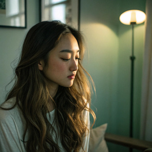 Young Asian woman, long wavy brown hair, delicate facial features. Soft lighting in a dimly lit room with greenish shadows