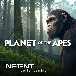 Promotional image for Planet of the Apes by NetEnt. An ape character with a muscular build, prominent brow, and a focused expression set in a dense forest. The main title and NetEnt Better Gaming text are prominently displayed.
