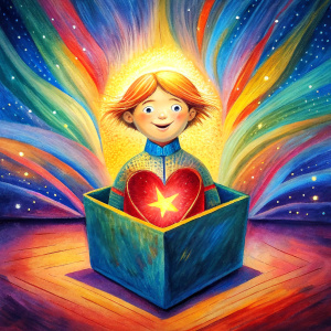 persona que sale de una caja de regalo transformación espiritualidad colores arte