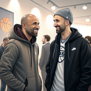 Derek Fisher and Manu Ginobili, both wearing street clothes, at a casual meet and greet. Brightly lit indoor setting.